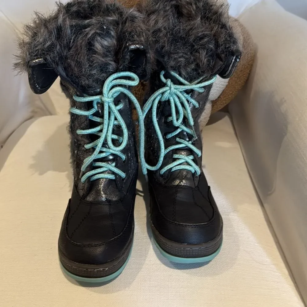 Justice Faux Fur Leather Rhinestone Lace Up Winter Boots